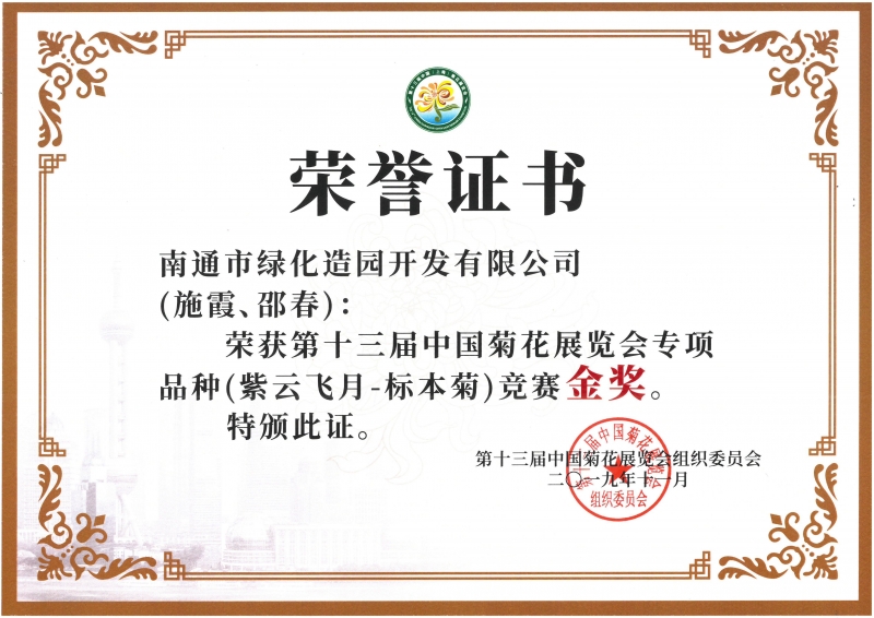 十三屆中國菊花展覽會專項品種（紫云飛月-標本菊）競賽金獎（施霞、邵春）